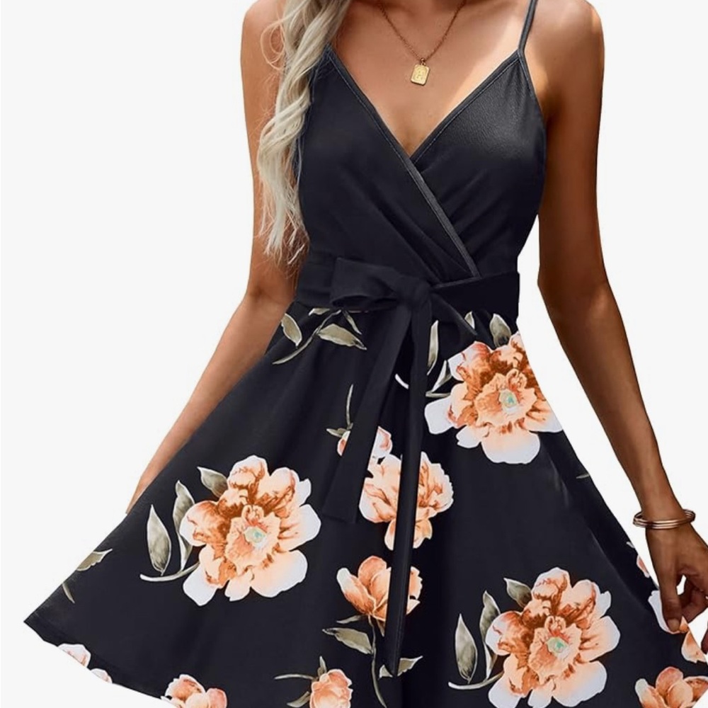 EchoWish Floral Black V-Neck Spaghetti Strap Dress